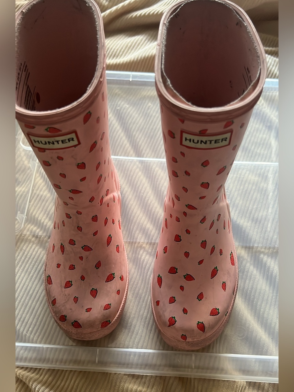 Hunter Kids Pink Rain Boots with Strawberry Print